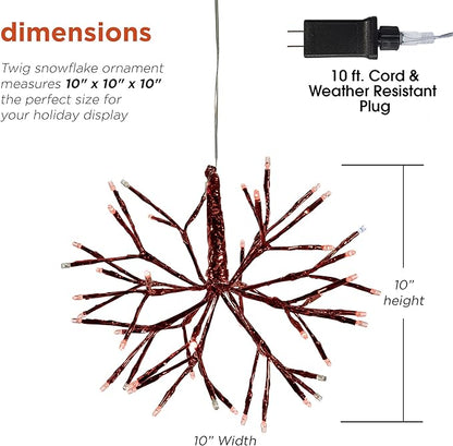Alpine Corporation 10" H Indoor Christmas Twig 3D Hanging Snowflake Ornament with LED Lights, Red, Christmas Decoration