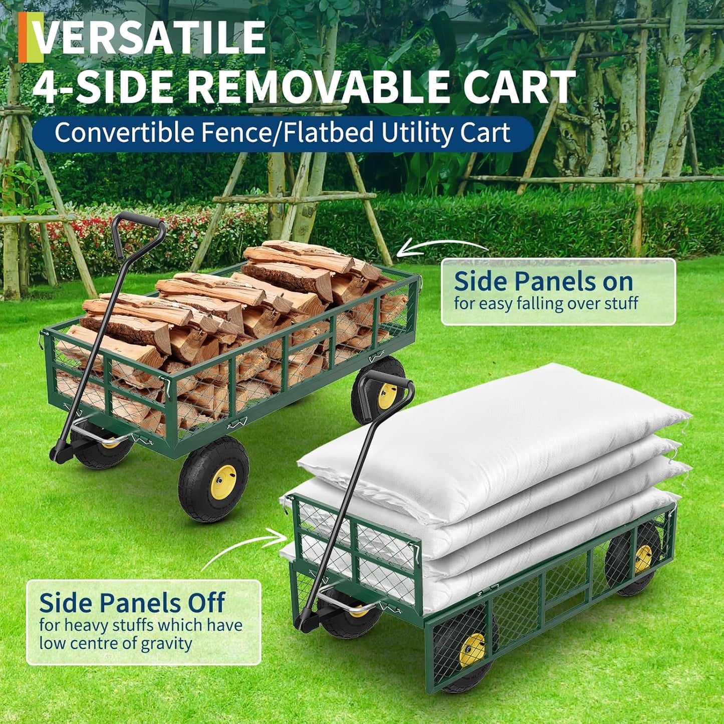 GarveeLife 900 LBS Garden Dump Cart with Removable Sidewalls, Heavy Duty Steel Dump Wagon with 180° Swivel Handle & 10 in Tires, Yard Cart Utility Wheelbarrow for Backyard Farm