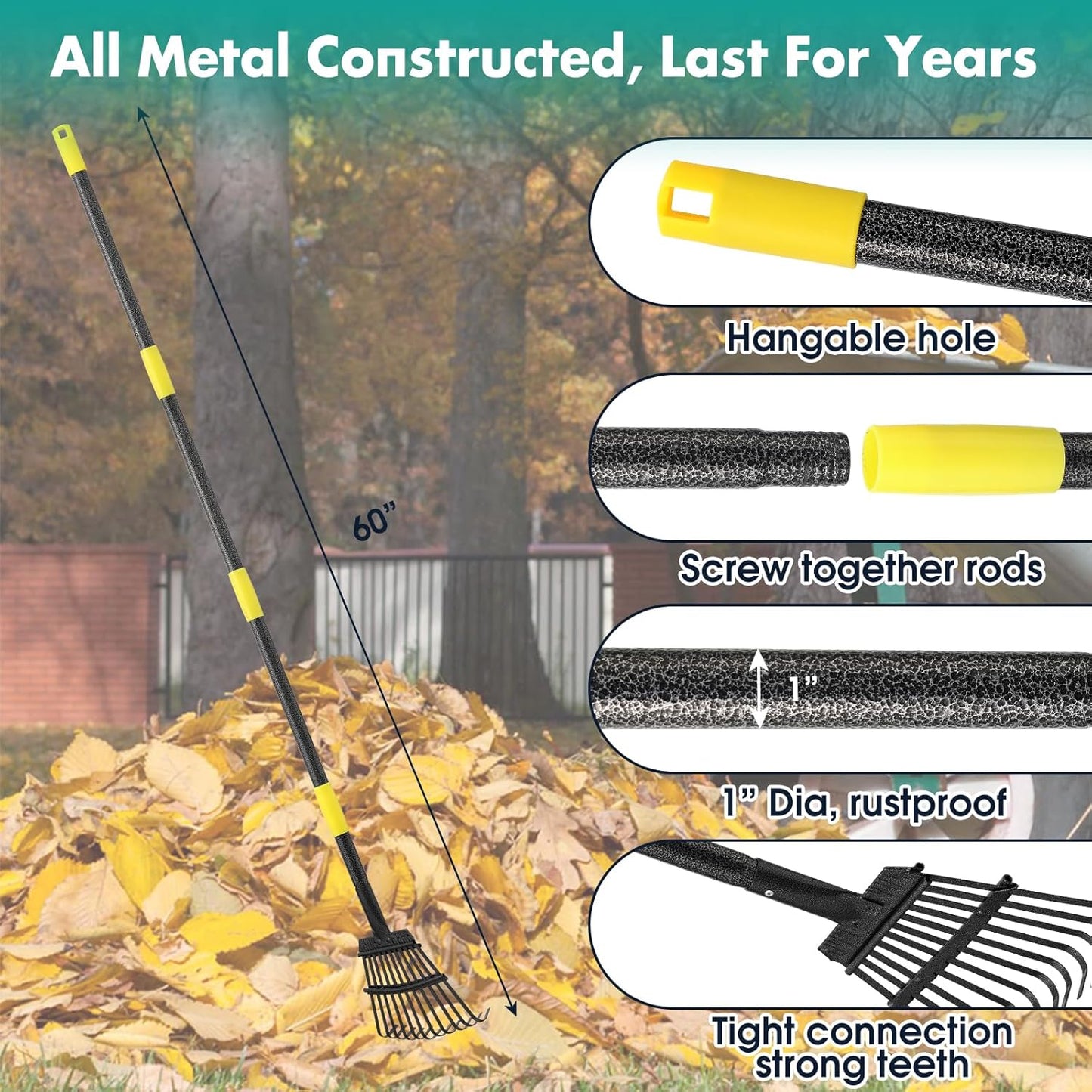 Rake, 60 Inch Long, 11 Tines Small Metal Garden Rake for Leaves, Heavy Duty 9 Inch Wide Rakes for Lawns, Yard Leaf Rakes for Gardening , Flower Beds, Shrub, Kid