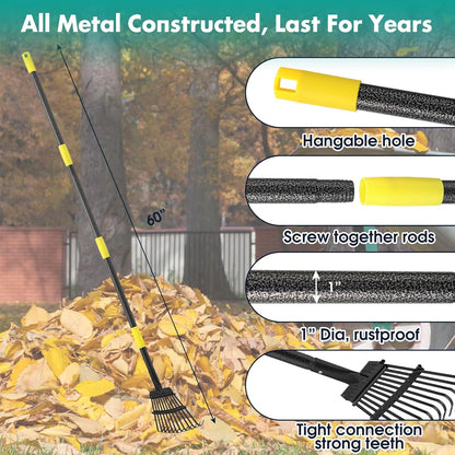 Rake, 60 Inch Long, 11 Tines Small Metal Garden Rake for Leaves, Heavy Duty 9 Inch Wide Rakes for Lawns, Yard Leaf Rakes for Gardening , Flower Beds, Shrub, Kid