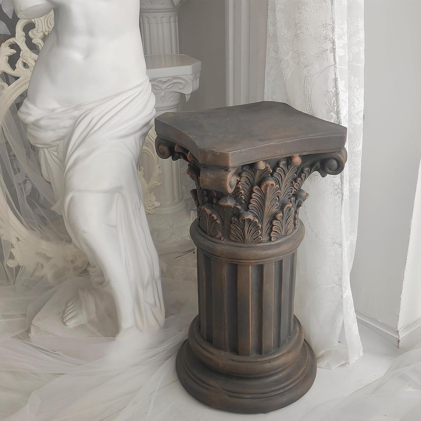 OUTOUR Exquisite Magnesium Oxide Corinthian Greek Column Pillar with Stand Base Pedestal for Indoor Outdoor Garden Pedestals Backyard Courtyard Patio Office Decor23.8’’High,Dark Bronze