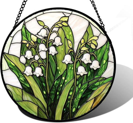 Stained Glass Window Hanging, Lily of The Valley Flower Sun Catchers Colorful Glass Panel Green