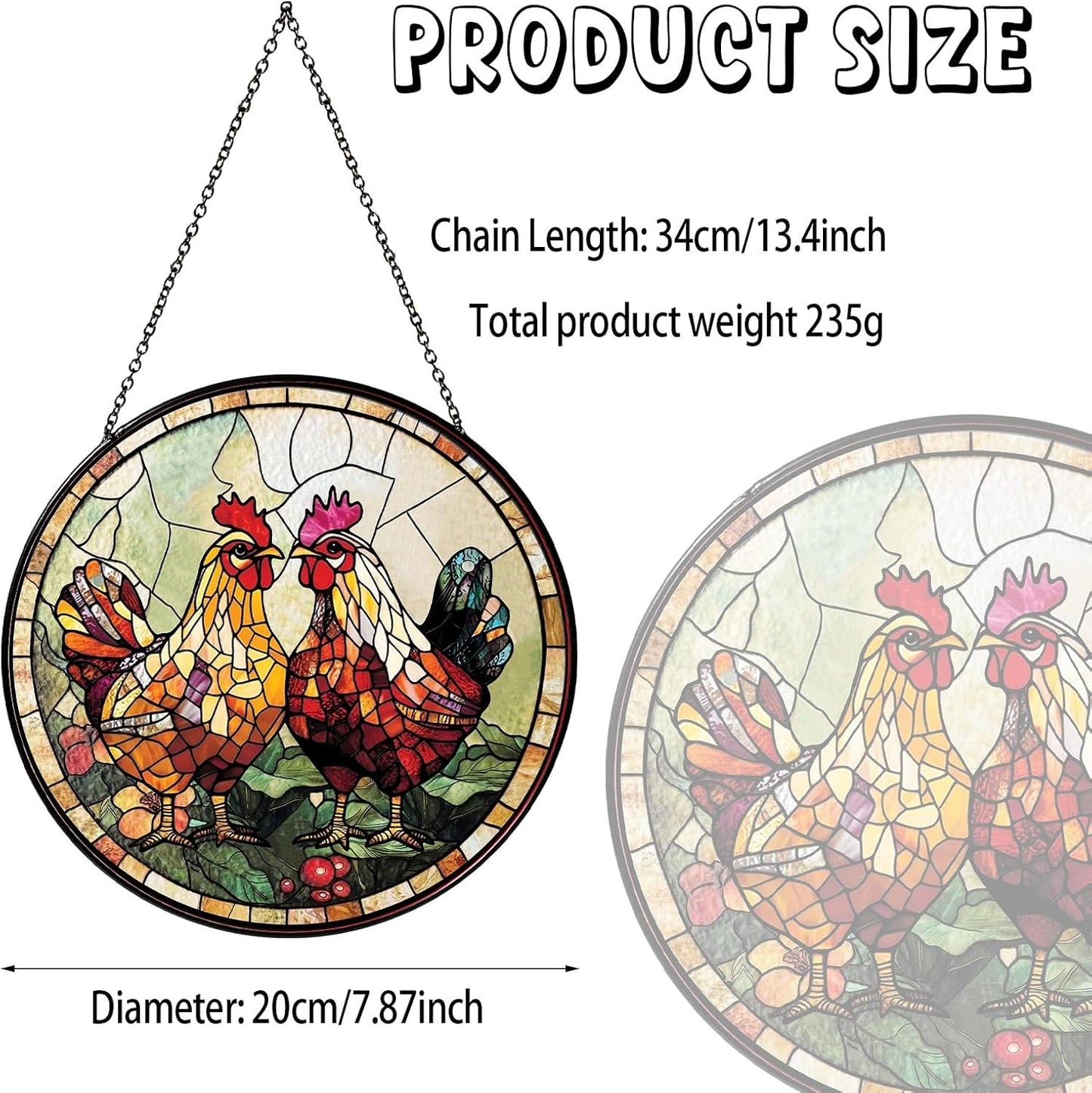 Couple Chicken Stained Glass Window Hanging Chicken Sun Catcher Decor New House Decor Christmas Suncatchers for Home Windows Hanging Decoration, 7.87inch