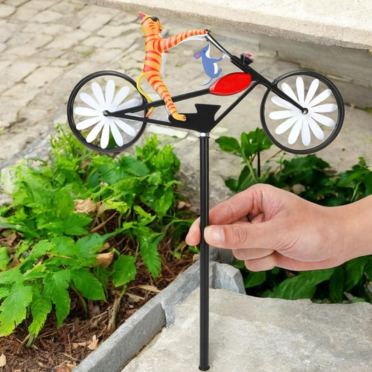 Vintage Cat Bicycle Wind Spinner, Funny Animal Riding Bike Metal Spinners Decoration Sculptures, Colorful Kinetic Pinwheels with Stakes for Yard Garden Lawn, Pet Pin Wheels Outdoor Decor