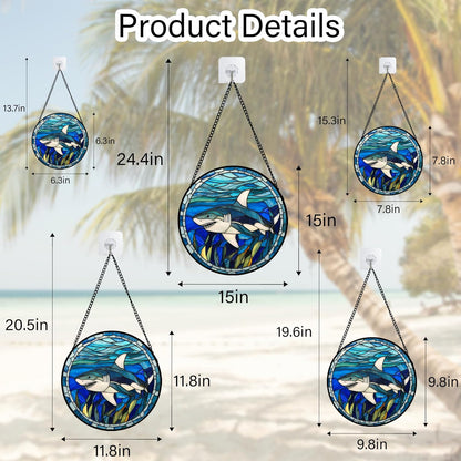 Stained Glass Suncatcher, Blue Ocean Big Shark Sun Catcher Waterweed Stain Glass Window Hanging Decoration Mother's Day Birthday Gifts for Women Men Mom Nana 6.3 in