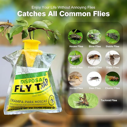 8 Pack Outdoor Hanging Fly Traps, Disposable Flies Killer Trap Bag Catcher with Natural Attractant Bait Bug Catcher and Flying Insect Trap for Outdoor Family Farm Park Orchard Garden