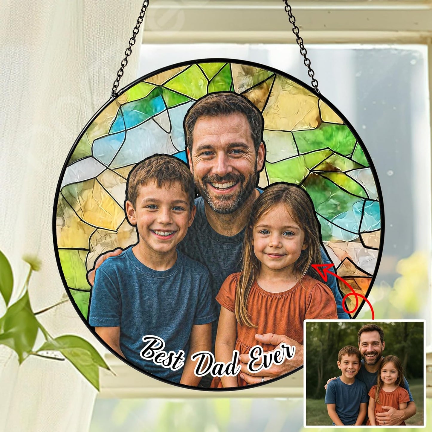 NAZENTI Personalized Dad Stained Glass Suncatcher, Custom Photo Family Portrait Window Hanging Ornament, Fathers Day Grandpa Dad Gifts from Son Daughter, Gifts for Papa Husband, Grandpa Suncatcher