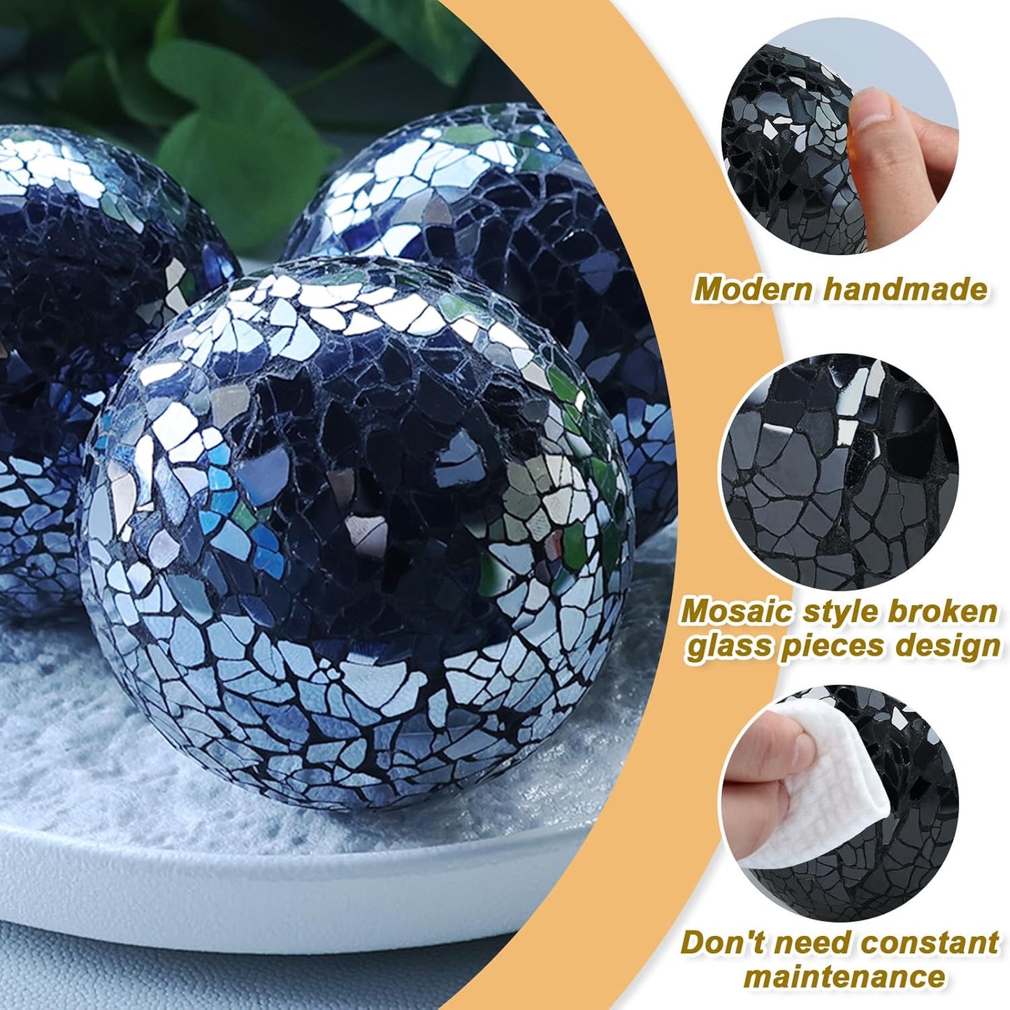 Decorative Balls for Centerpiece Bowls Black Mosaic Glass Orbs Sphere Crack Ball Mirror Globe Sparkle Coffee Table Decor Vase Filler Home Christmas 3 Pcs 3.35 Inch