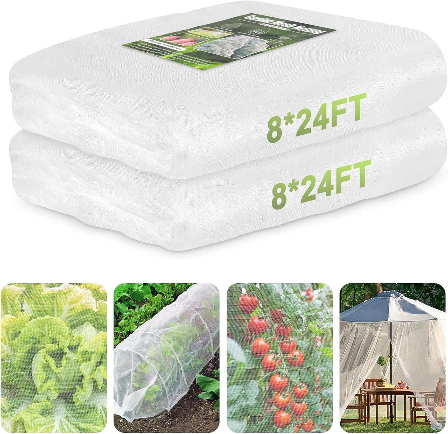 Garden Netting, 2 Pack 8x24Ft Ultra Fine Mesh Netting Pest Barrier Protection Bird Mosquito Net Plants Cover for Vegetables Fruits Flowers Crops Greenhouse Row Cover Raised Bed Patio Mesh Netting