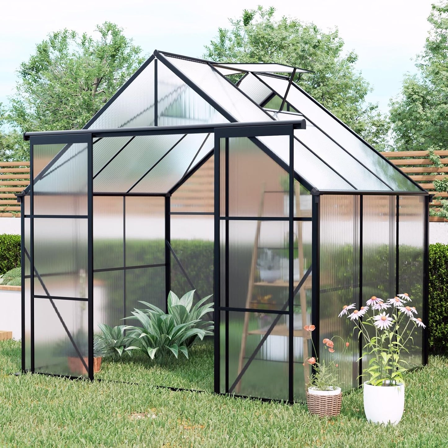 KEIKI 8x6 FT Double Door Upgrade Polycarbonate Greenhouse with Aluminum Frame,Raised Base and Roof Vent,Walk-in Greenhouses for Patio Garden