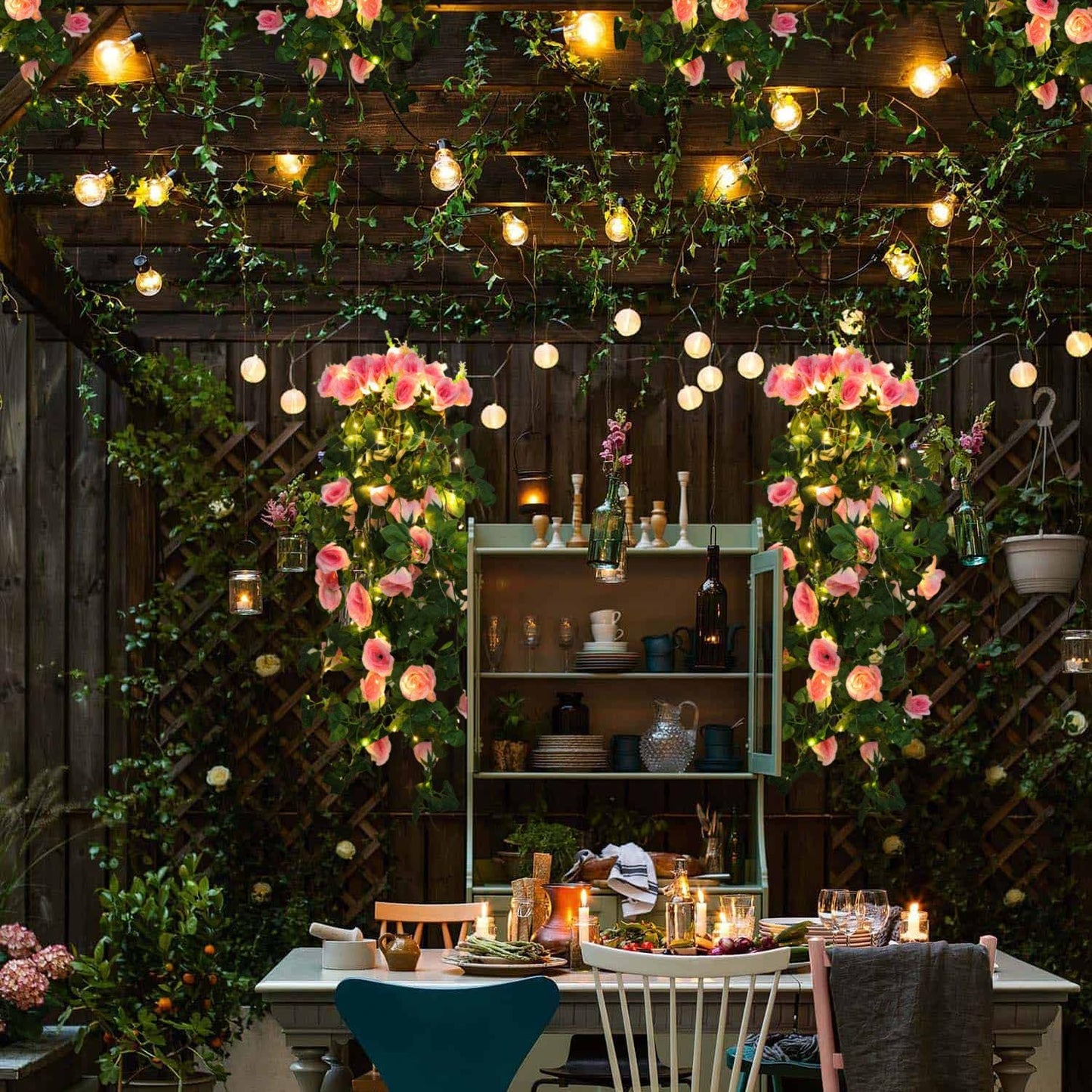 RECUTMS Hanging Flowers Artificial Rose Flower 2PCS 3.3Ft for Outdoors with 30 LED Fairy String Lights Fake Outdoor (Pink)