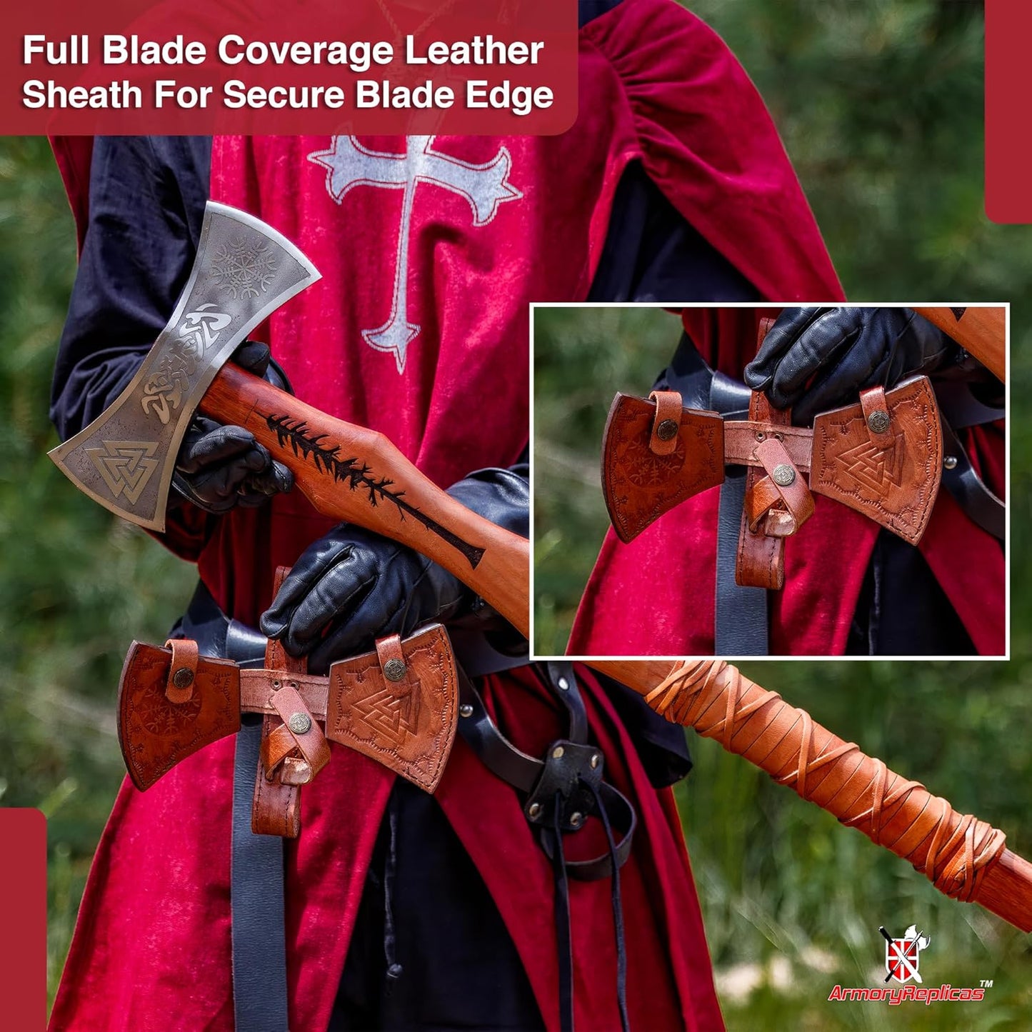 Armory Replicas™ Viking Raider Double Bitted War Axe - Hand Crafted Tempered Carbon Steel Norse Inspired Battle Axe w/Genuine Leather Sheath