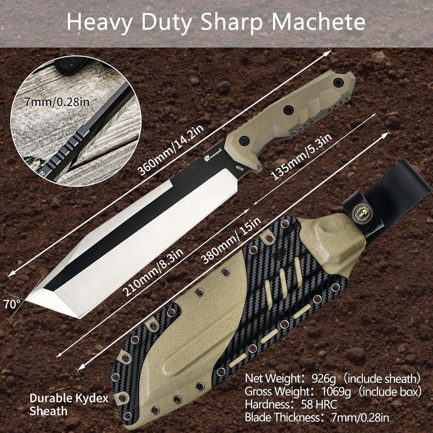 HX OUTDOORS 14 Inch Machete Camping Knife, Premium DC53 Steel Fixed Blade Knife, Kukri Gardening Machete with Kydex Sheath for Yard Work, Cutting Trees, Clearing Brush