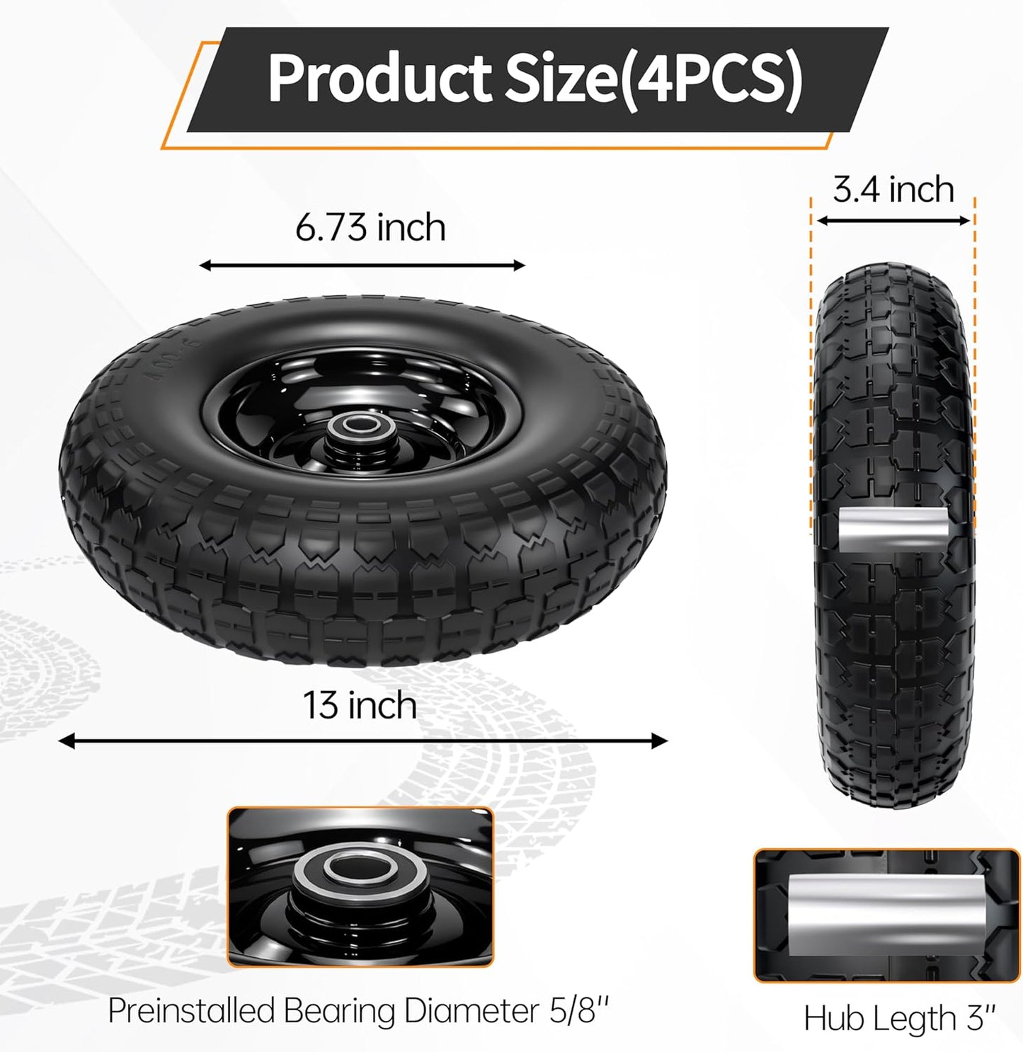 13" Flat Free Tire and Wheel,4.00-6 Wheelbarrow Wheels and Tires with 5/8" or 3/4" Bearings, 13"Solid Tires Replacement for Wheelbarrow, Gorilla Cart, Hand Trucks, Garden Carts 4 Pack