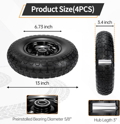 13" Flat Free Tire and Wheel,4.00-6 Wheelbarrow Wheels and Tires with 5/8" or 3/4" Bearings, 13"Solid Tires Replacement for Wheelbarrow, Gorilla Cart, Hand Trucks, Garden Carts 4 Pack