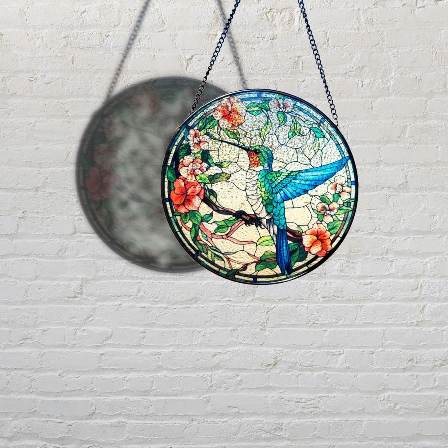Stained Glass Window Hanging, 7.87" Luyseyha Sun Catcher for Window, Hummingbird Suncatcher Ornaments, Handmade Glass Art Wall Decor, Birthday Gift for Women Grandma Mom