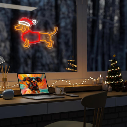 Dimmable Dachshund Neon Sign - Cute Dog with Christmas Hat - Led Light Sign for Home, Bedroom, Party Decor