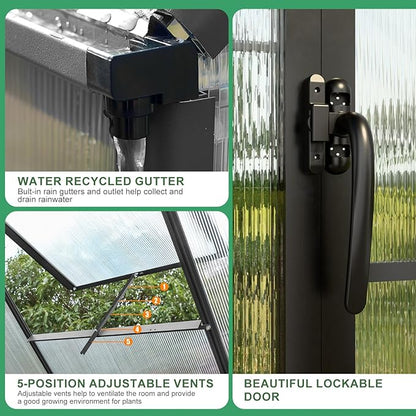 Outdoor Polycarbonate Greenhouse 10x6x6 FT Heavy Duty Aluminum Frame Outsides Green House Kit with Transparent Panels Windows Door for Backyard Garden, Walk in Plant Greenhouses,Black Thick Frame