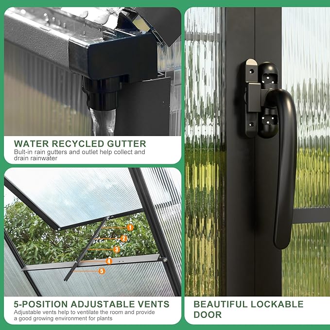 Outdoor Polycarbonate Greenhouse Kit,16x10x10 FT Large Outsides Aluminum Frame Heavy Duty Green House with Transparent Panels Windows Door for Backyard Garden,Walk in Plant Greenhouses,Black Frame