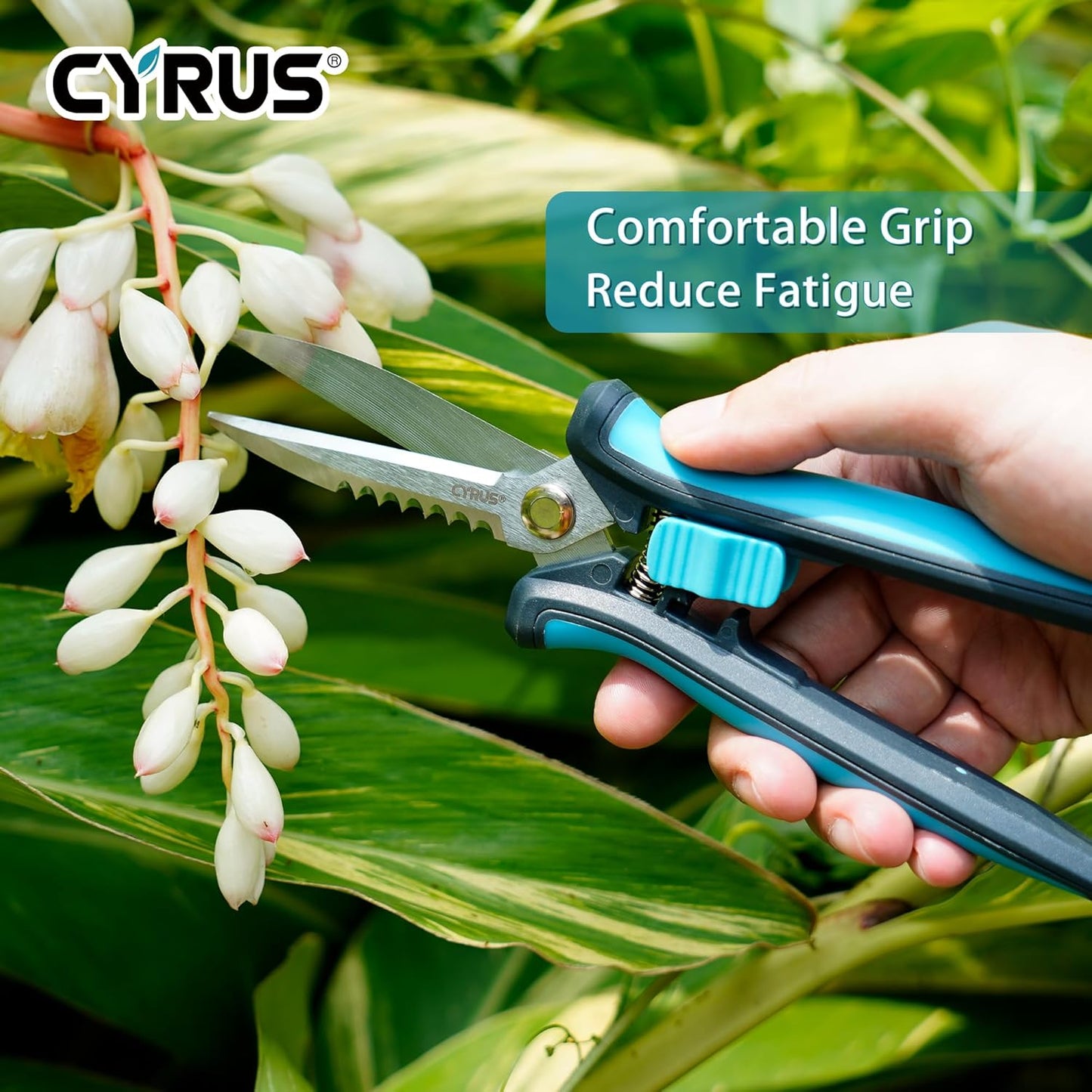 CYRUS Pruning Shears 8" Hand Gardening Scissors Extended Straight Carbon Blades Trimming Precision Bud Scissors with Sharp Serrations Widely Used for Gardening, Hydroponics, Grow Tents-CYRUS