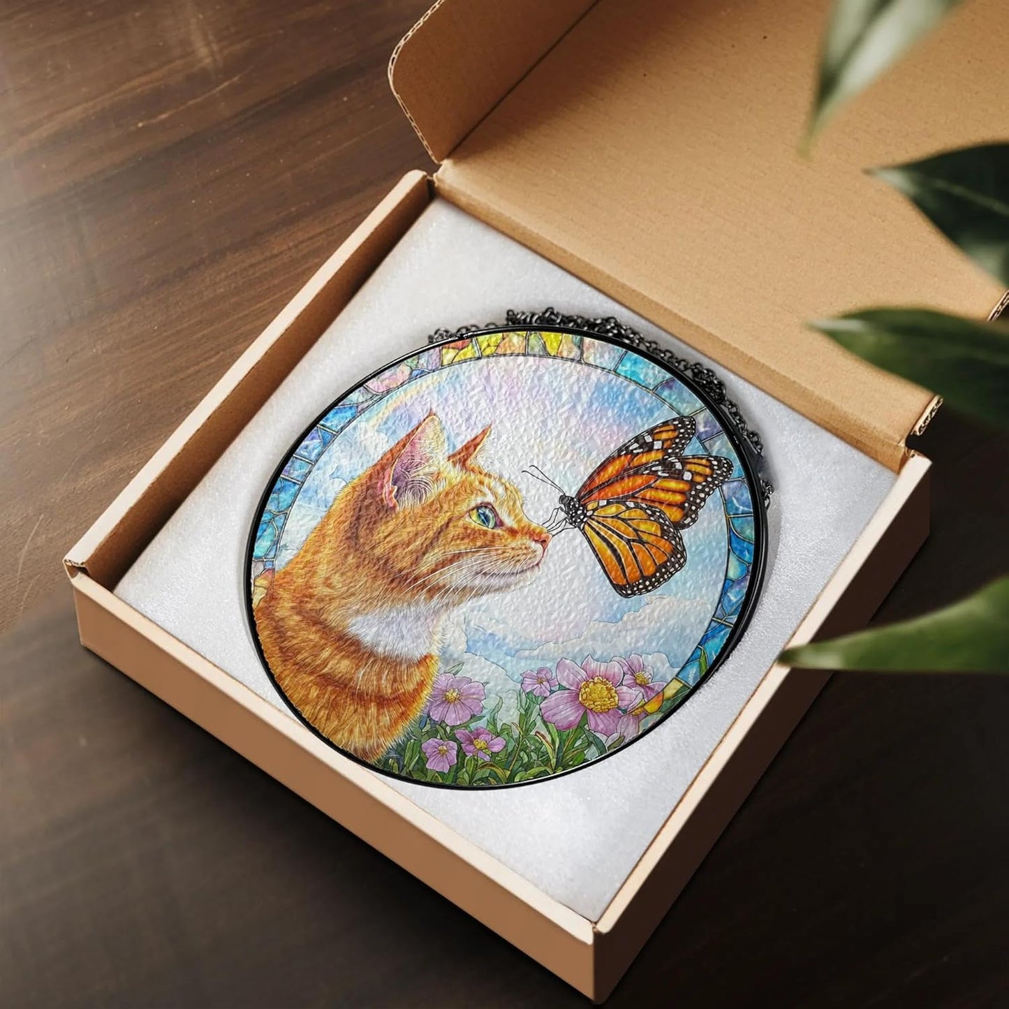 Orange Cat Gifts, Cat Memorial Suncatcher Gift for Loss of Cats, Butterfly Stained Glass Suncatcher Window Hanging Decor for Garden Pet Loss Gift Christmas Birthday Sympathy Gifts for Women Pet Lovers