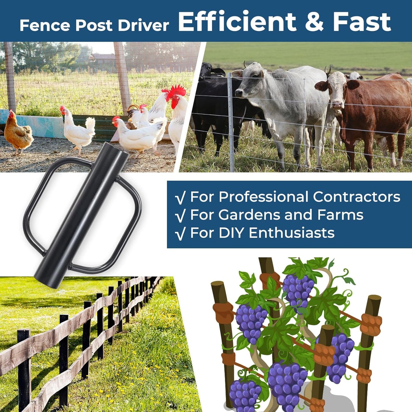 Fence Post Driver, 12LBS Fence Post Driver with Handle, 2.7 inch Inner Diameter Hand Post Pounder, Heavy Duty T Post Rammer Driver Tool for Wooden Post U Channel Fence Post Metal Post, Black 17 Inch