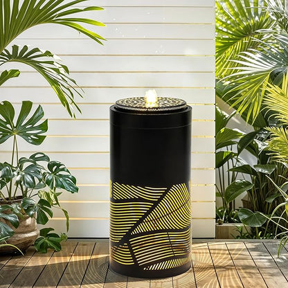 23.6 Inch Modern Outdoor Water Fountain with LED Lights - Black Geometric Bird Bath Garden Fountain for Patio, Yard, Porch Decor - Soothing Waterfall for Relaxing Ambiance