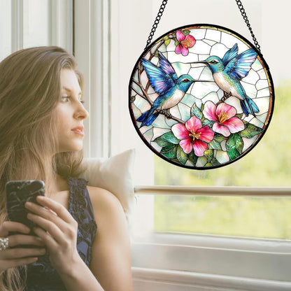 Stained Glass Window Hanging - Blue White Hummingbirds Pink Flowers Suncatcher for Door Terrace Garden Home Decor Bird Sun Catcher Birthday Gifts for Lovers Women Men Dad Mom Nana 7.8 in