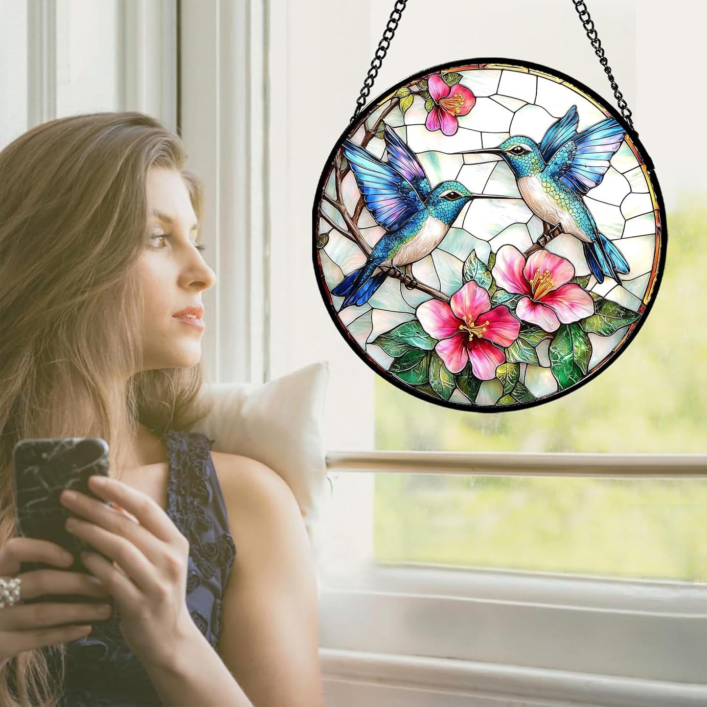 Stained Glass Window Hanging - Blue White Hummingbirds Pink Flowers Suncatcher for Door Terrace Garden Home Decor Bird Sun Catcher Birthday Gifts for Lovers Women Men Dad Mom Nana 9.8 in