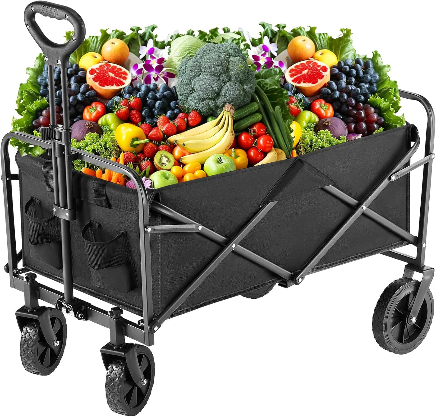 OLIXIS Heavy Duty Wagon Cart, 360 lbs Foldable Large Collapsible Wagons Carts with Wheels Smooth Maneuverability for All-Terrain, Suitable for Gardening, Camping, Beach - Black
