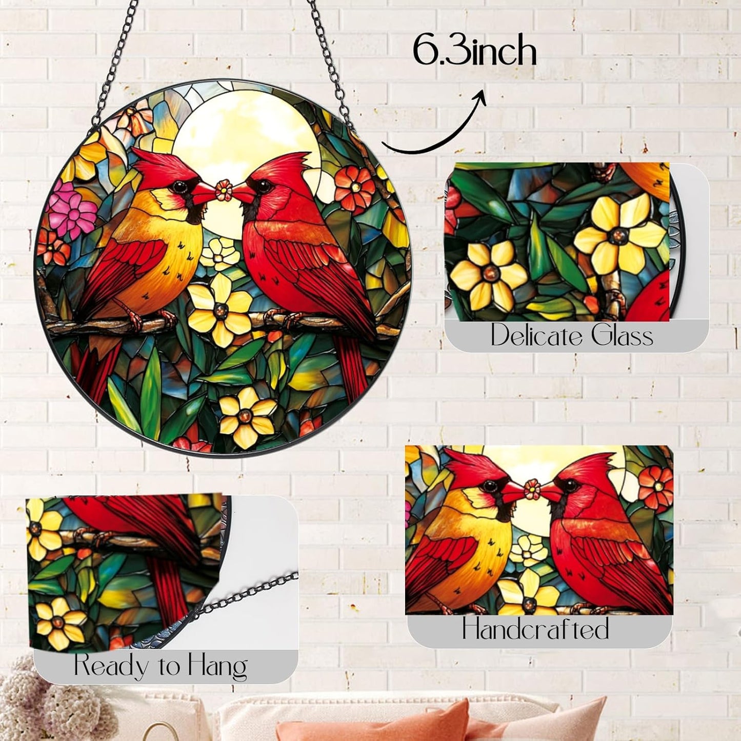 Cardinal Stained Glass Suncatcher - Red Bird Sun Catcher, Painted Glass Panel Decor, Sun Catchers Indoor Window, Gift for Bird Lovers, Mom, Grandma, 6.31IN