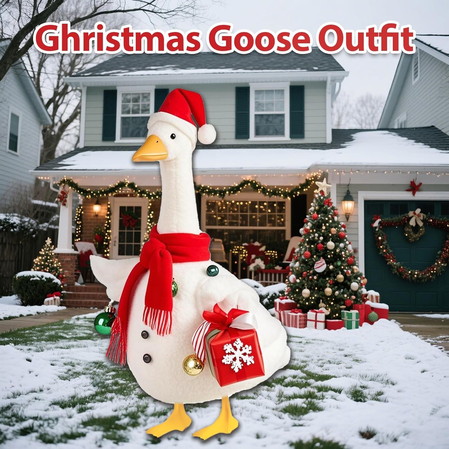 Christmas Snowman Porch Goose Outfits for Large 23" High Cement or Plastic Goose Statue, Yard Goose Cloths with Christmas Hat and Snowflake Gift Box Decor for Outdoor Lawn Gaden Patio