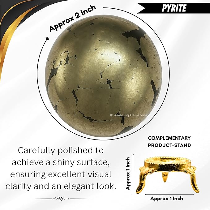 Amazing Gemstone Pyrite Crystal Ball with Stand - 2 Inches Crystal Sphere Meditation Balls for Witchcraft and Decorative Balls