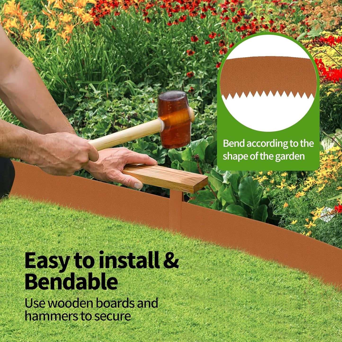 Steel Landscape Edging 6-Pack, 40"L x 4"H Strips, Steel Garden Bed Metal Borders Hammer-in Edging Border with 6 Clips, Bendable Metal Landscape Edging for Garden, Yard, Park, Lawn(Rust Brown)
