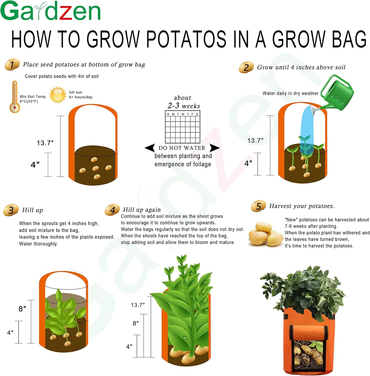 Gardzen 6 Pack BPA-Free 10 Gallon Vegetable Grow Bags with Access Flap and Handles, Suitable for Planting Potato, Taro, Beets, Carrots, Onions, Peanut