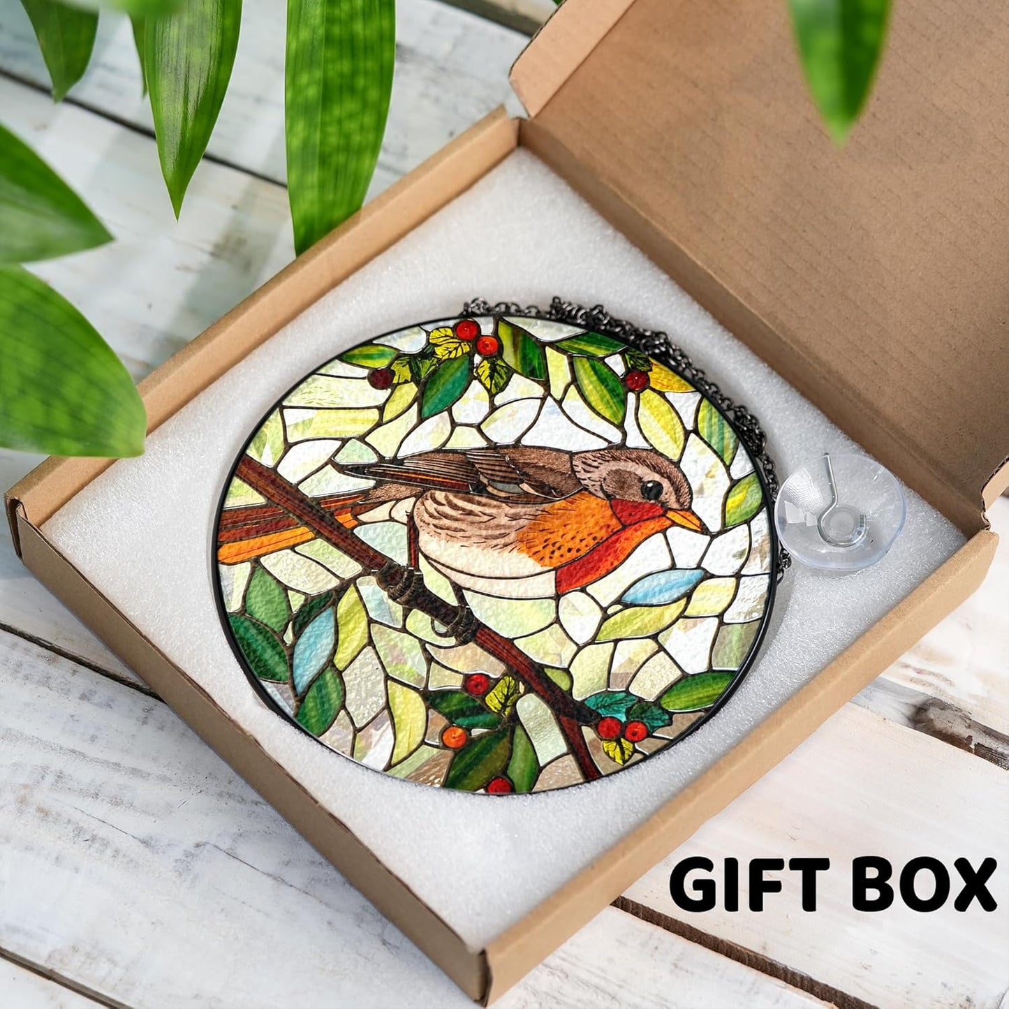 7.8" Robin Stained Glass Suncatcher, Bird for Window Hanging, Suncatcher Art Decor for Home Garden Housewarming, Gift for Mom, Grandma, Women, Friend, Bird Lover BIRD-17B-SG8