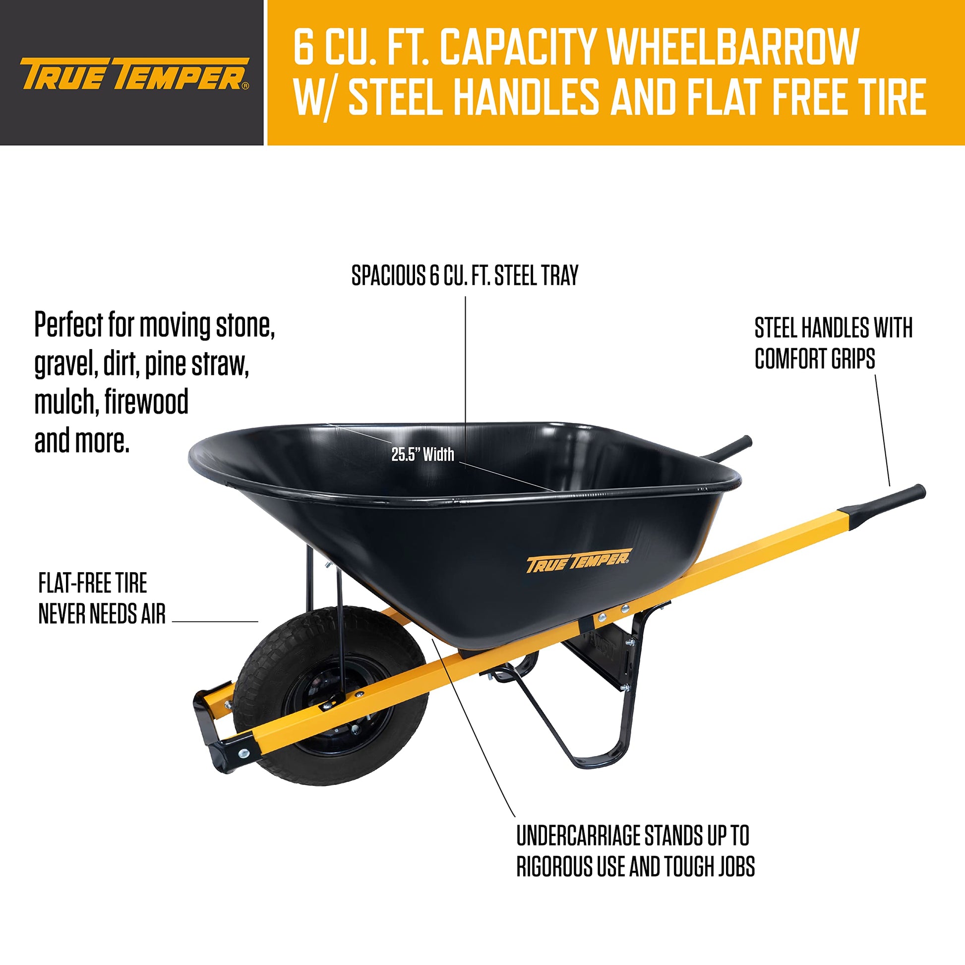 True Temper Steel Wheelbarrow with Never Flat Tire & Steel Handles, 6 Cu. Ft