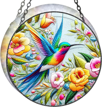 Hummingbird Suncatcher Stained Glass Window Hanging Design of 7.8''Hummingbirds Flowers for Sun Catchers Indoor Window Wall Art Home Decor Gift Painted Glass Panel