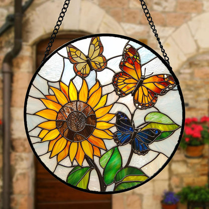 Stained Glass Window Hanging, Butterfly and Sunflowers Sun Catchers Glass Panel Plant Insects Suncatcher Decor for Birthday for Women, Men, Wife, Aunt, and Mom 9.8 in