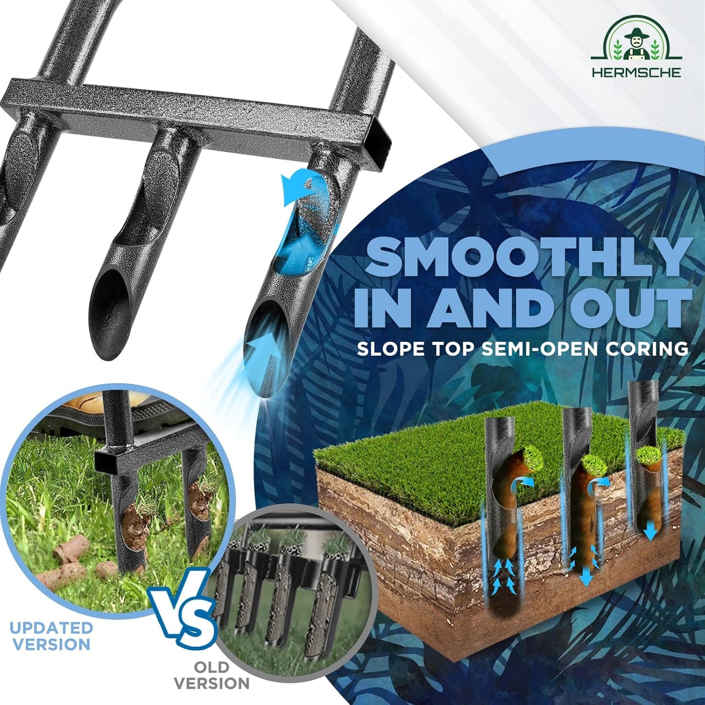 Lawn Aerator Coring Tool, Manual Plug Core Aerators with 3 Half-Open Hollow Slot Tines, Heavy Duty Grass Aeration Tool for Soils Yard Garden