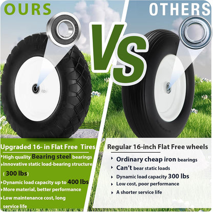 Upgraded 16" Flat Free Wheelbarrow Wheels and Tires, 4.80/4.00-8 Solid Wheelbarrow Tires with 5/8"&3/4" Bearings,14"-16" Universal Fit Wheelbarrow Wheels for Wheelbarrows/Garden Trailer