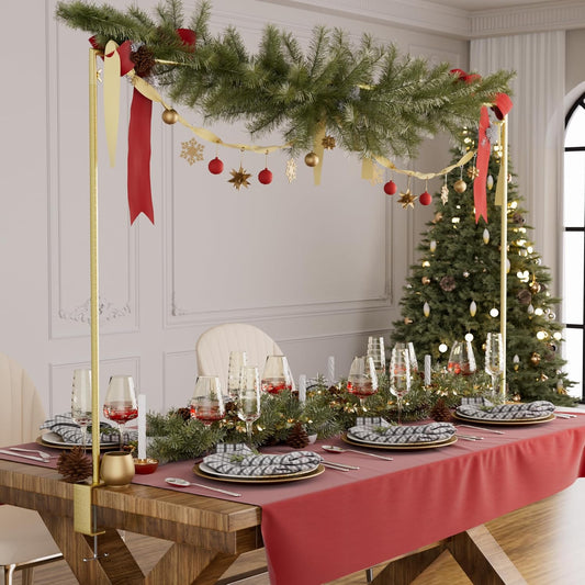 Over The Table Rod Stand with Clamps, Adjustable 32''-79'' Tall 32"-131" Length, Gold Table Arch Stand Metal Balloon Frame Hanging Rod for Weddings Christmas Birthdays Garden Arbors Decoration