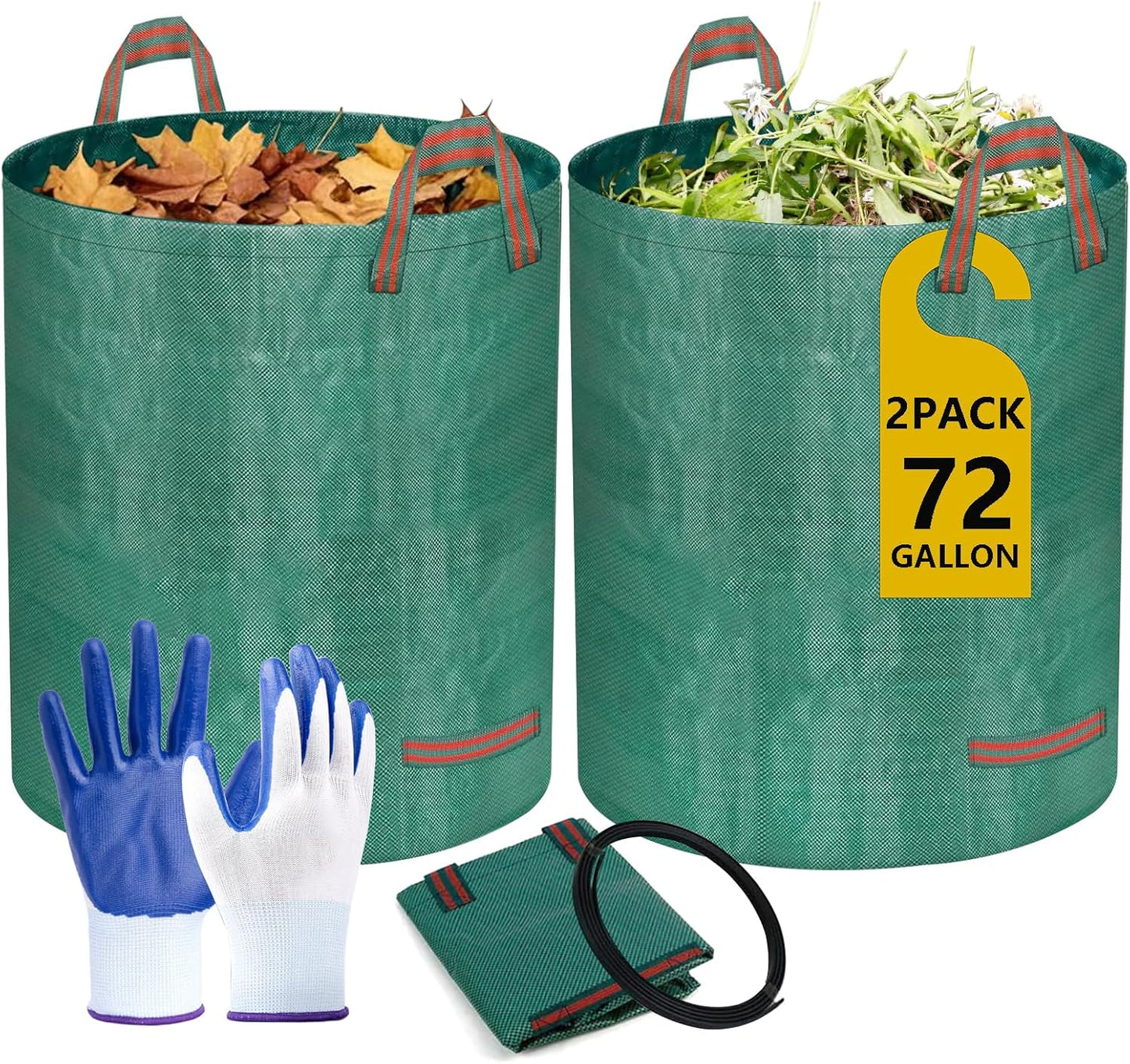 Reusable Yard Waste Bags, 72 Gallon Lawn and Leaf Bags 2 Pack with Reinforced Handles and Gardening Gloves, Heavy Duty Standable Garden Waste Bags for Leaves, Grass, Camping, Recycling