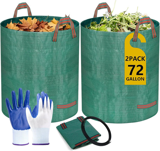 Reusable Yard Waste Bags, 72 Gallon Lawn and Leaf Bags 2 Pack with Reinforced Handles and Gardening Gloves, Heavy Duty Standable Garden Waste Bags for Leaves, Grass, Camping, Recycling