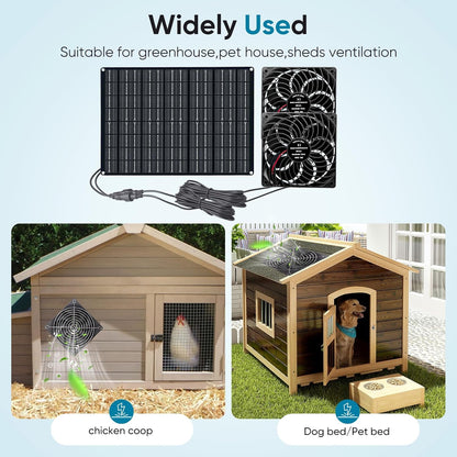 Solar Fan 15W Solar Powered Exhaust Fan Kit, 2 Mini Fans, Portable Ventilation Solar Fan for Chicken Coops, Dog Houses, Greenhouses, Pet Homes, Gardens