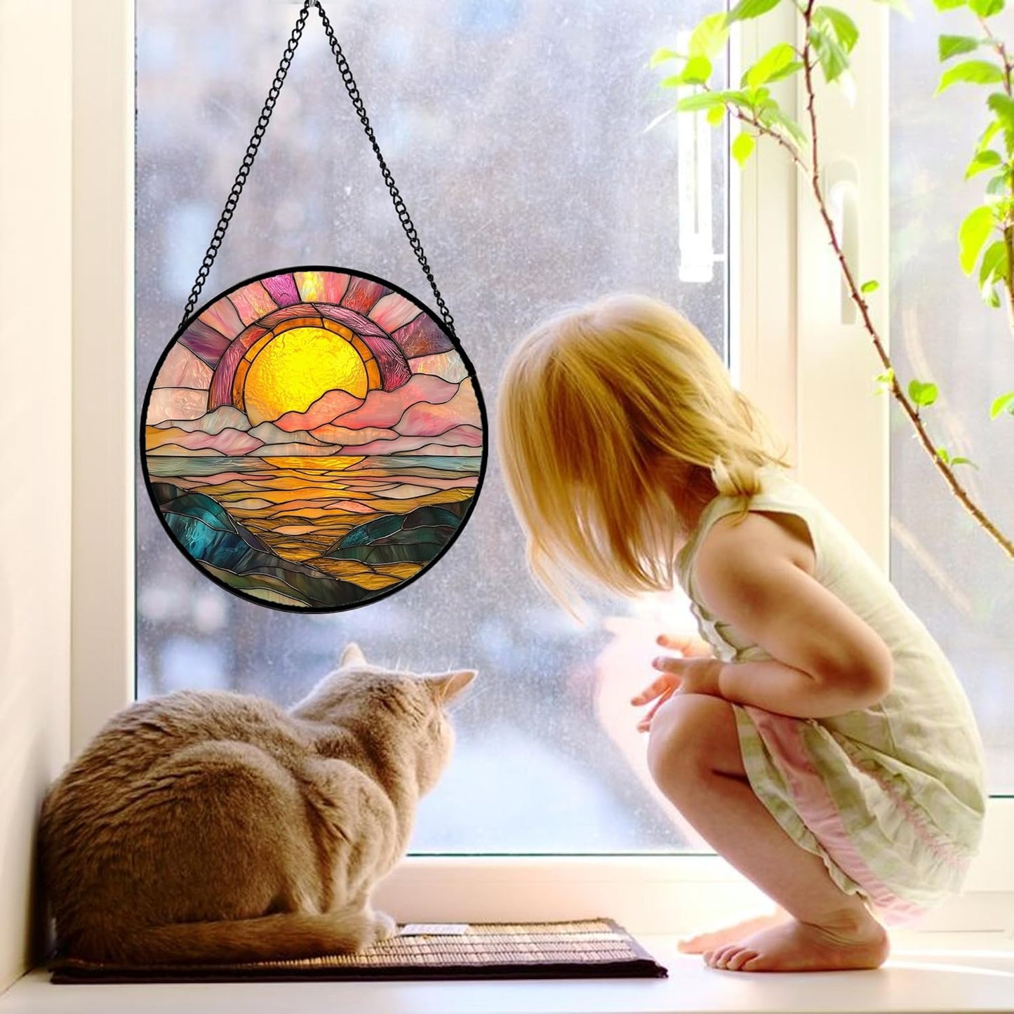 Stained Glass Window Hanging, Sunrise Over The Sea Suncatcher Diamond Glass Panel Hangings Abstract Sun Catchers Decor for Birthday for Women, Men, Wife, Aunt, and Mom 11.8 in