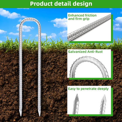 Trampoline Stakes Anchors High Wind 16inx10mm Galvanized U Hook 4pcs Rebar Stakes – Heavy Duty Ground Anchors for Trampoline,Yard & Inflatable,Landscape Metal Stakes for Outdoor Decorations