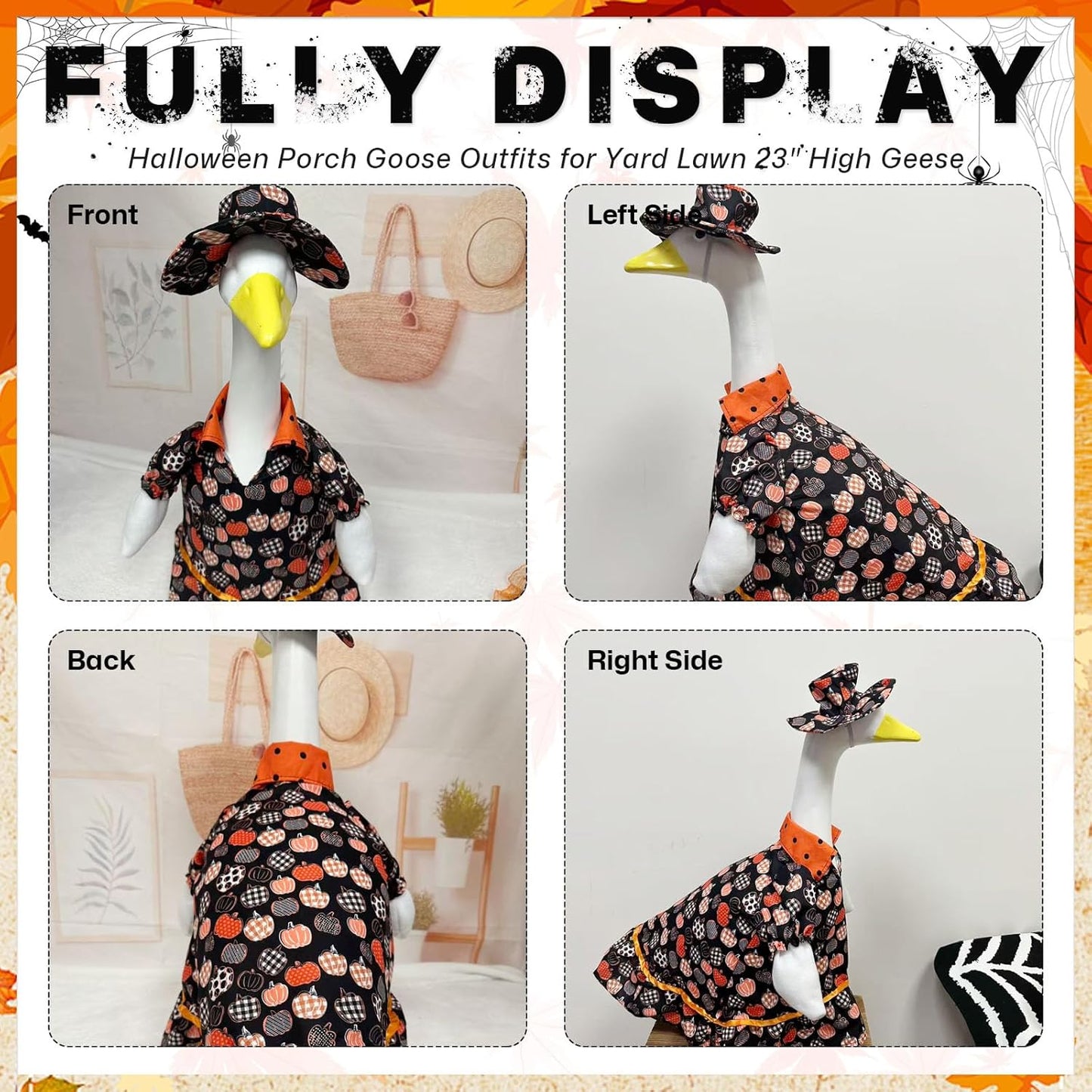 Halloween Porch Goose Outfit Set for 23'' Plastic Statue Lawn Porch Goose Clothes with Fall Pumpkin Skirt Hat Costume for Indoor Outdoor Patio Yard Lawn Art Decor