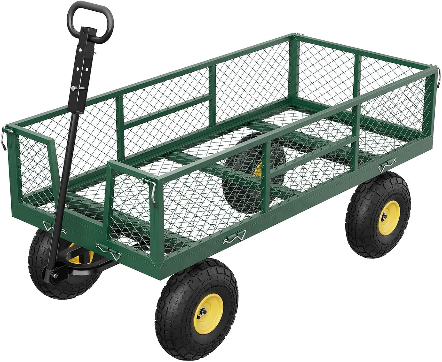 900 LBS Garden Cart on Wheels with Adjustable Handles, Heavy Duty Steel Garden Wagon with Removable Mesh Sides to Convert into Flatbed, Wagon Cart for Lawn Farm Yard, Green