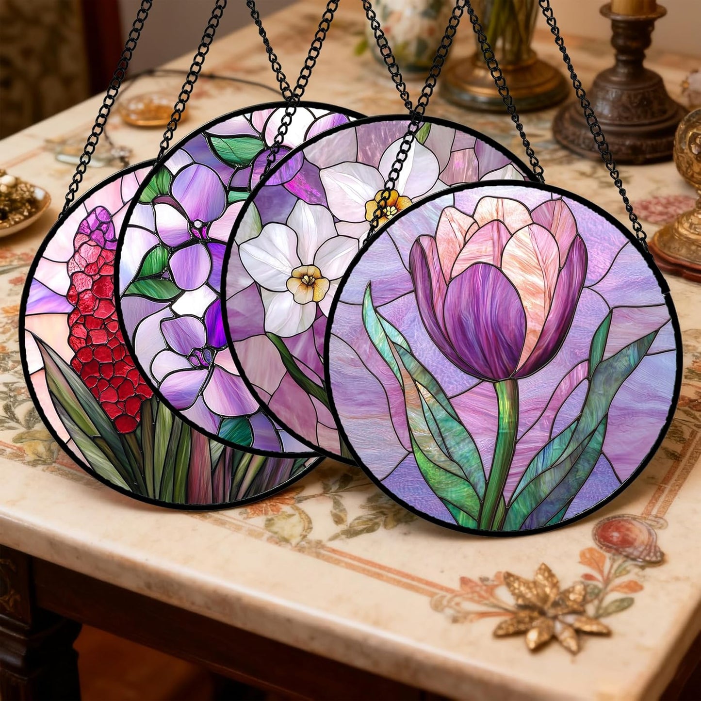 Stained Glass Window Hanging 4 Pcs Set Purple Flower Theme Large 15" - Tulip Suncatcher Door Garden Sun Catcher Decor Birthday Christmas for Plant Lovers Woman Nana Men